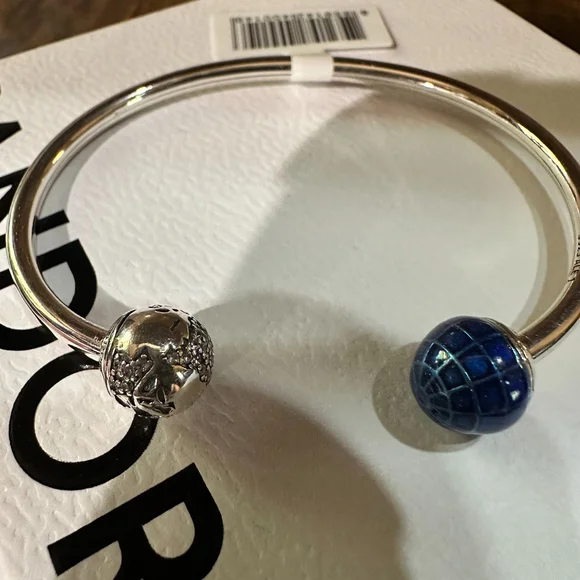 Authentic Pandora Silver Classic "You Mean The World To Me"Open Bangle, SZ17.5CM - Picture 5 of 9